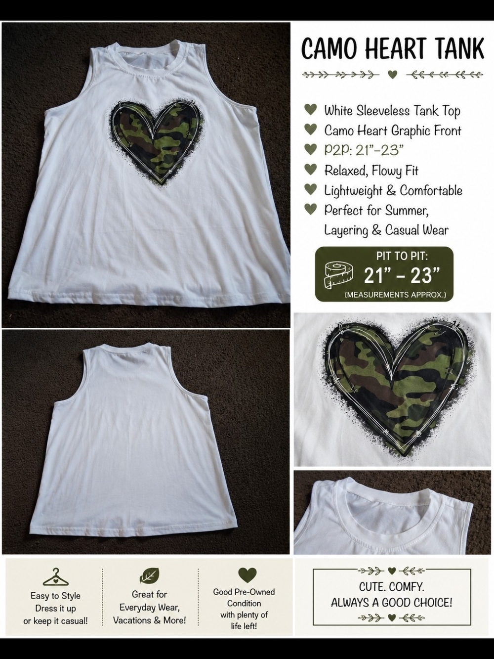 White Tank Top with Camo Heart Graphic - Women's Sleeveless Tank